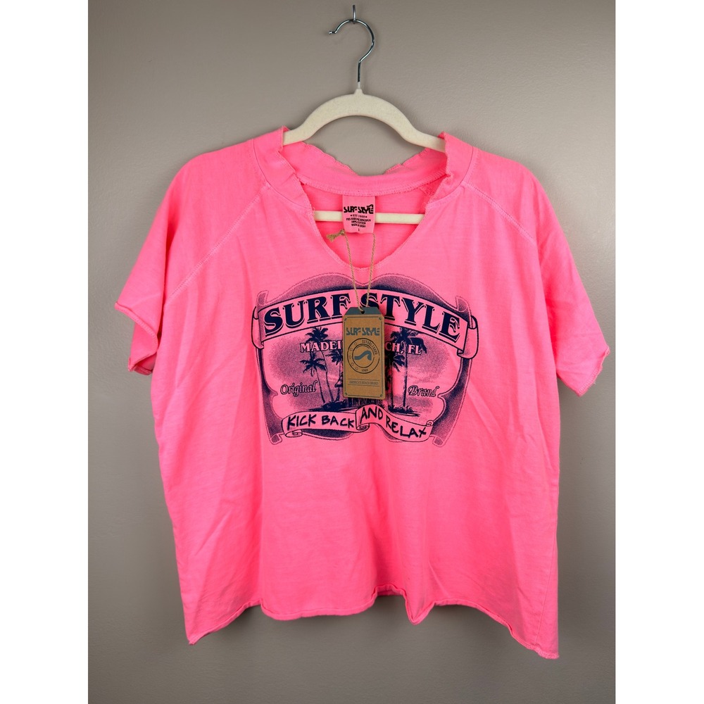 Surf Style Madeira Beach FL Neon Pink Graphic T-Shirt Womens Small New